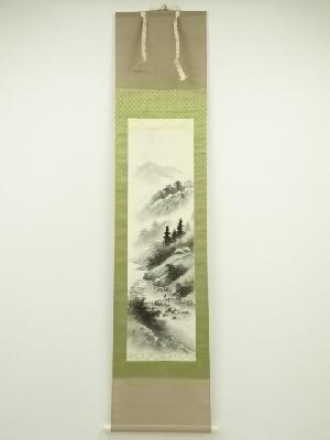 草風筆　水墨山水　肉筆絹本掛軸